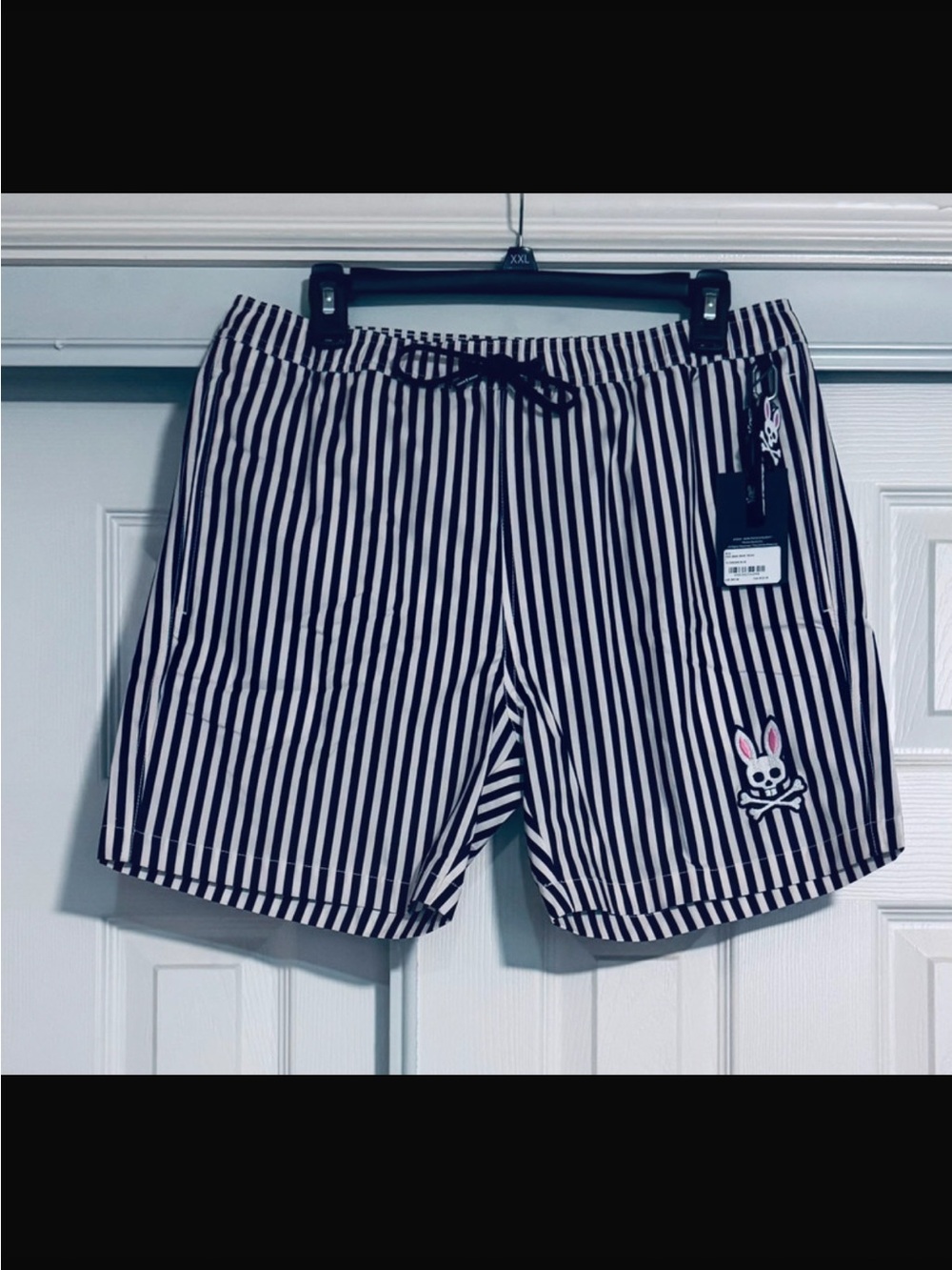 Psycho Bunny Black and White Vertical Stripe Athletic Shorts